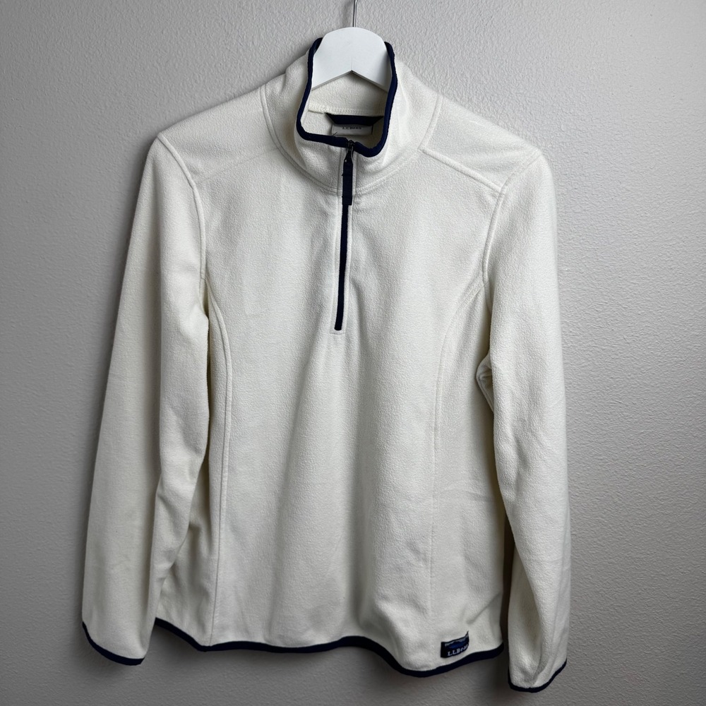 LL Bean Mountain Classic Fleece Pullover Large Regular Cream Navy Quarter Zip